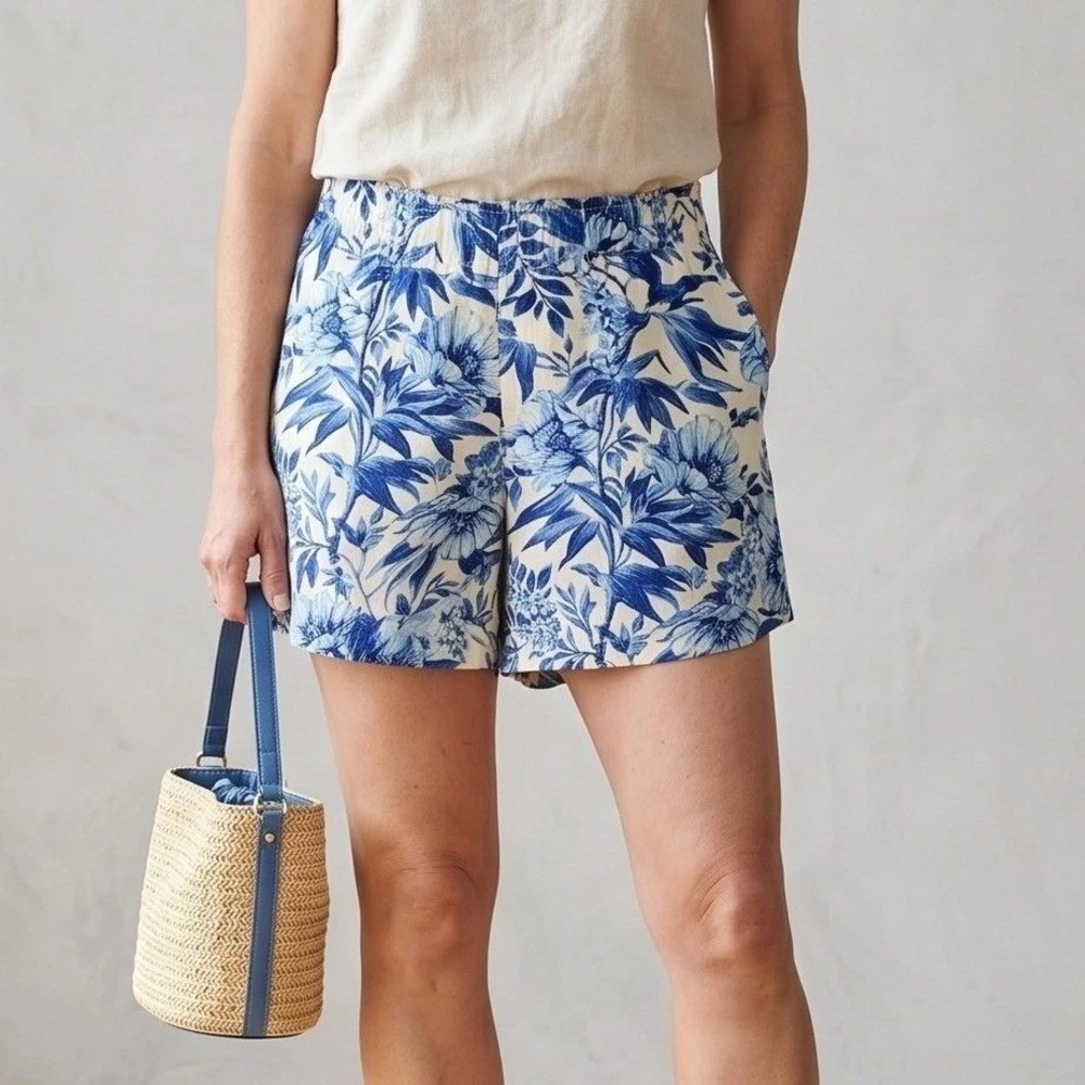 Linen Blend Shorts Blue White Floral Toile Tropical Coastal Grandma Grandmacore